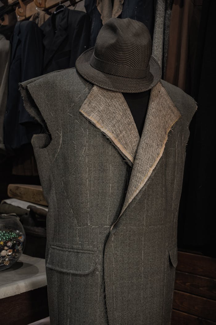 Close-up of a tailor's mannequin wearing an unfinished suit jacket and hat in workshop.