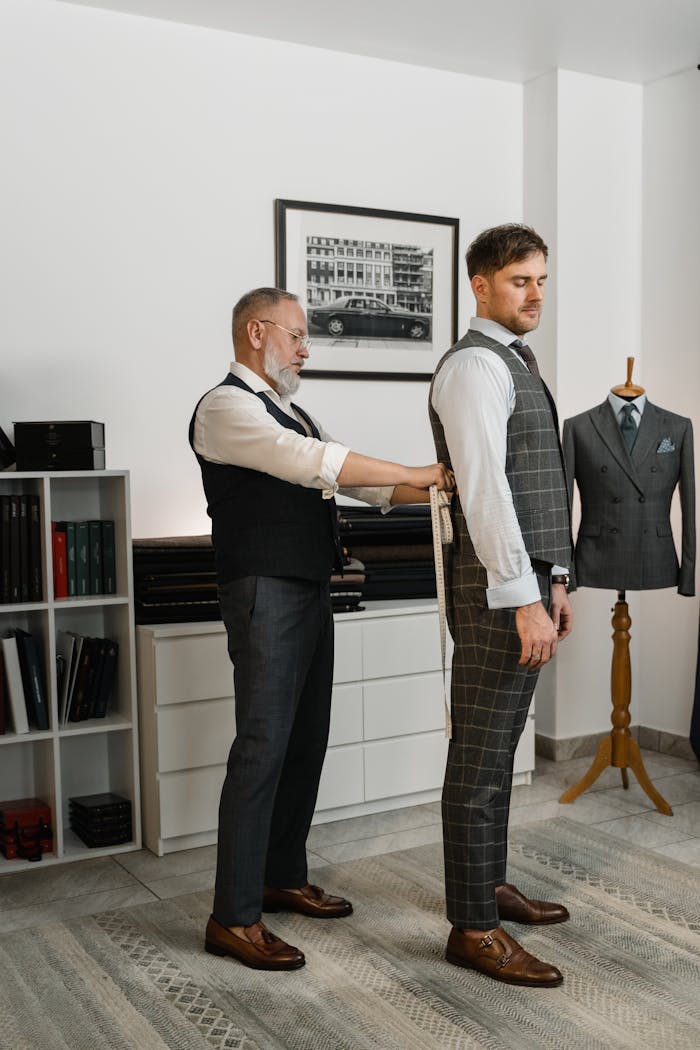 A professional tailor measures a client for a custom-fit suit in a stylish studio.